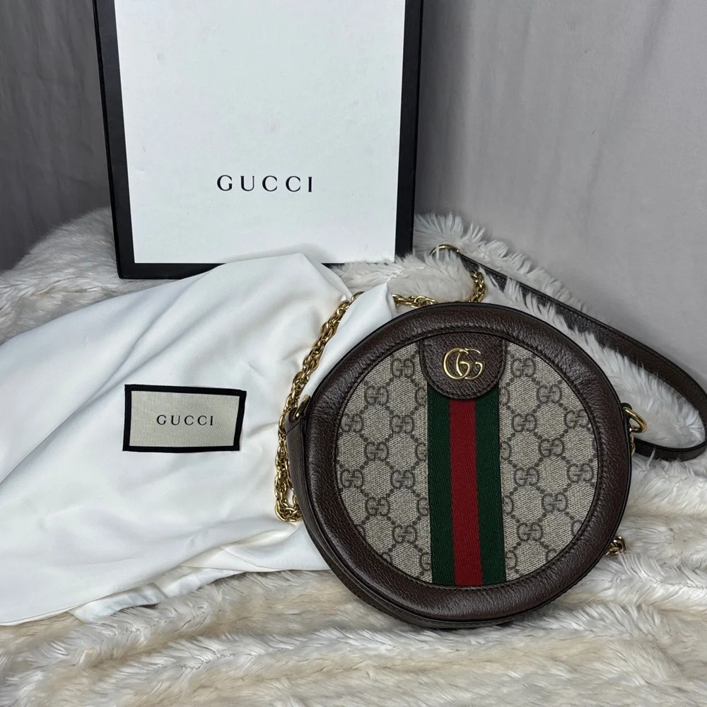 Gucci Brown GG Supreme Round Crossbody with Green-Red Web - Picture 4 of 12